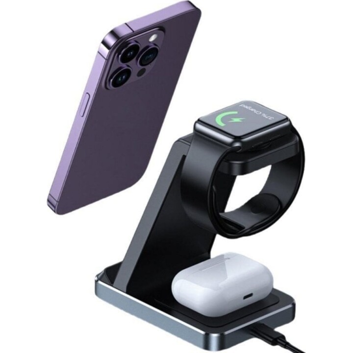 3-in-1-Qi-Wireless-Ladepad, Schwarz, USB-C, 15 W Schnellladung, Aluminium-ABS