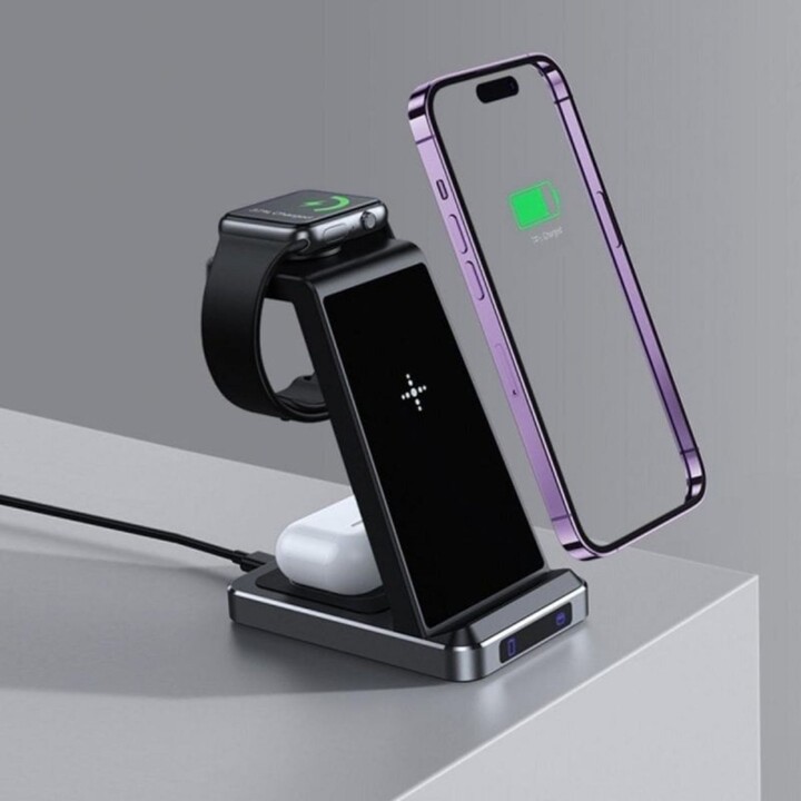 3-in-1-Qi-Wireless-Ladepad, Schwarz, USB-C, 15 W Schnellladung, Aluminium-ABS