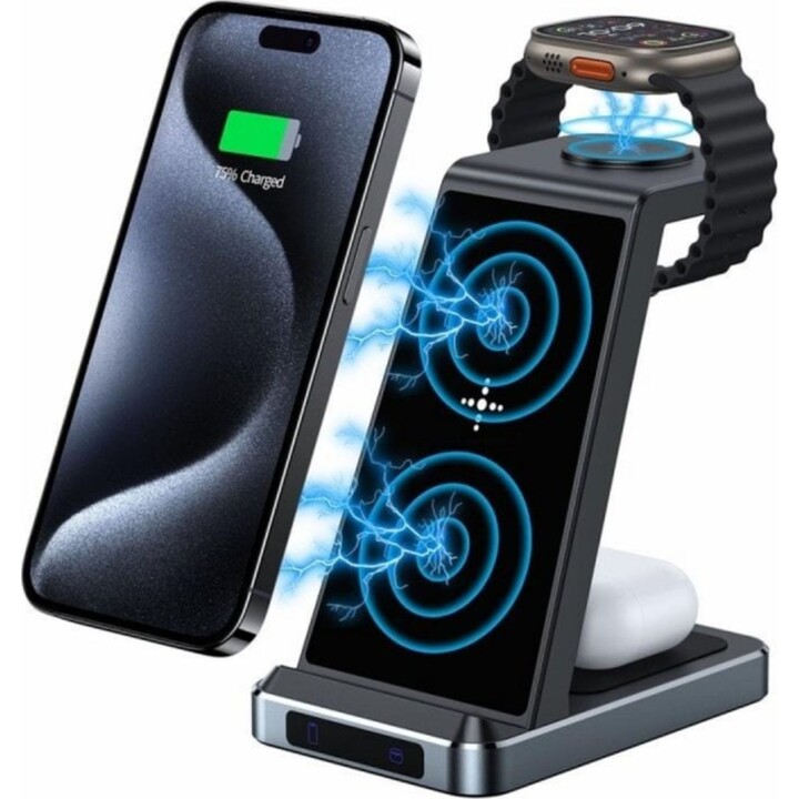 3-in-1-Qi-Wireless-Ladepad, Schwarz, USB-C, 15 W Schnellladung, Aluminium-ABS