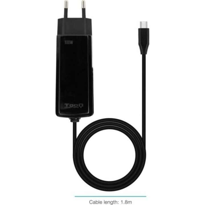 TooQ TQLC-USBCGAN100PD-C Caricatore USB-C GaN 100 W 1 porta di alimentazione 1,8 m Nero