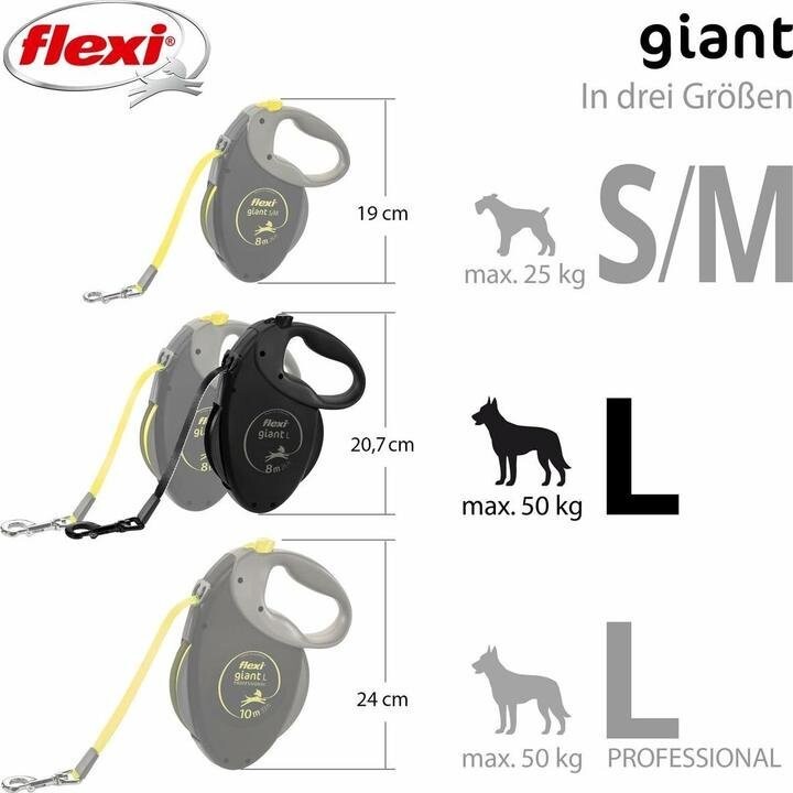 Flexi Giant Retractable Leash, 8 m, size L, for dogs up to 50 kg, Black