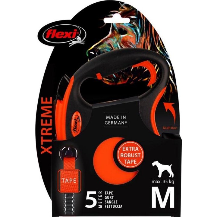 Flexi Xtreme Retractable Leash, 5 m, size M, for dogs up to 65 kg, Black/Orange
