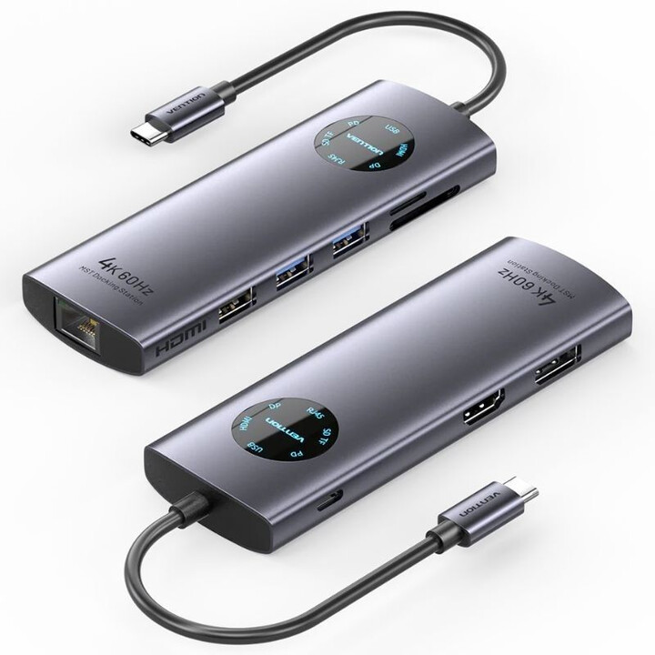 Docking USB Type-C Vention TQUHB/ 1xHDMI 4K/ 1xDisplayPort/ 3xUSB/ 1xRJ45/ 1xUSB Type-C PD/ 1xLeitor de Cartões/ Cinza