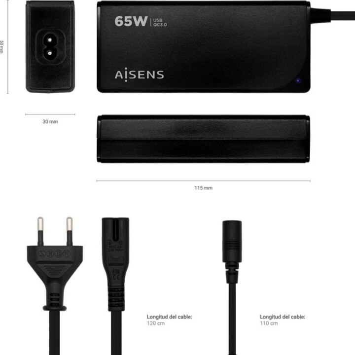 Carregador universal para computador portátil Aisens ASLC-65WAUTO-BK 65W