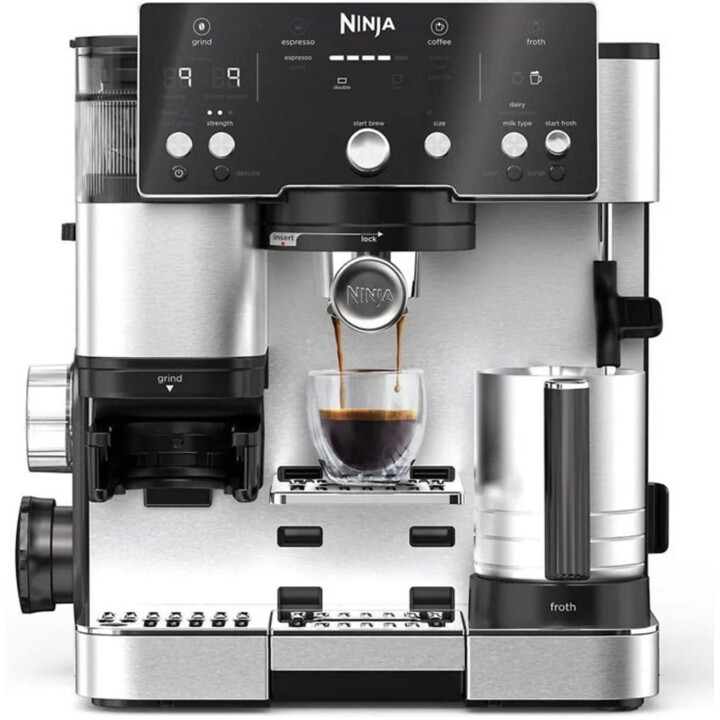 Máquina de café espresso - NINJA ES501EU, 9 bares, 1650 W, 1 taza, Negro, Acero inoxidable