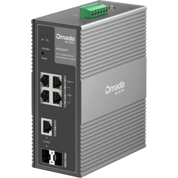 Switch gestito TP-Link IES206GPP, 4x RJ-45 Gigabit, 1x SFP, PoE++ senza ventola, montaggio su rack/muro, 12Gbps, gamma industria