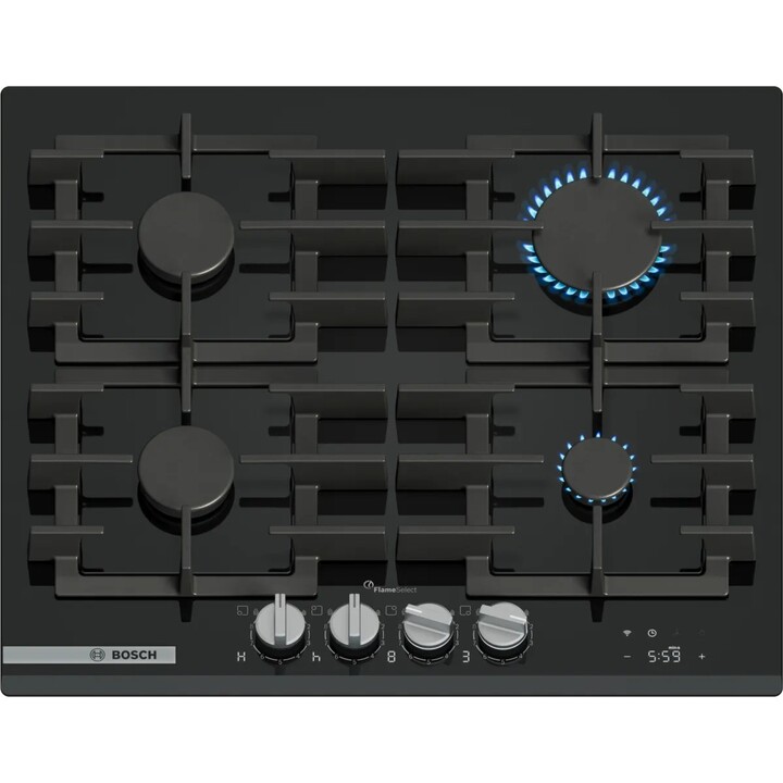 Bosch PRP6A6H40, piano cottura a gas da 60 cm con 4 zone di cottura e controllo di alta precisione FlameSelect, nero