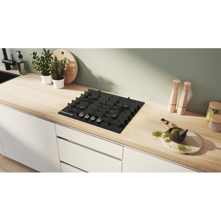 Bosch PRP6A6H40, piano cottura a gas da 60 cm con 4 zone di cottura e controllo di alta precisione FlameSelect, nero
