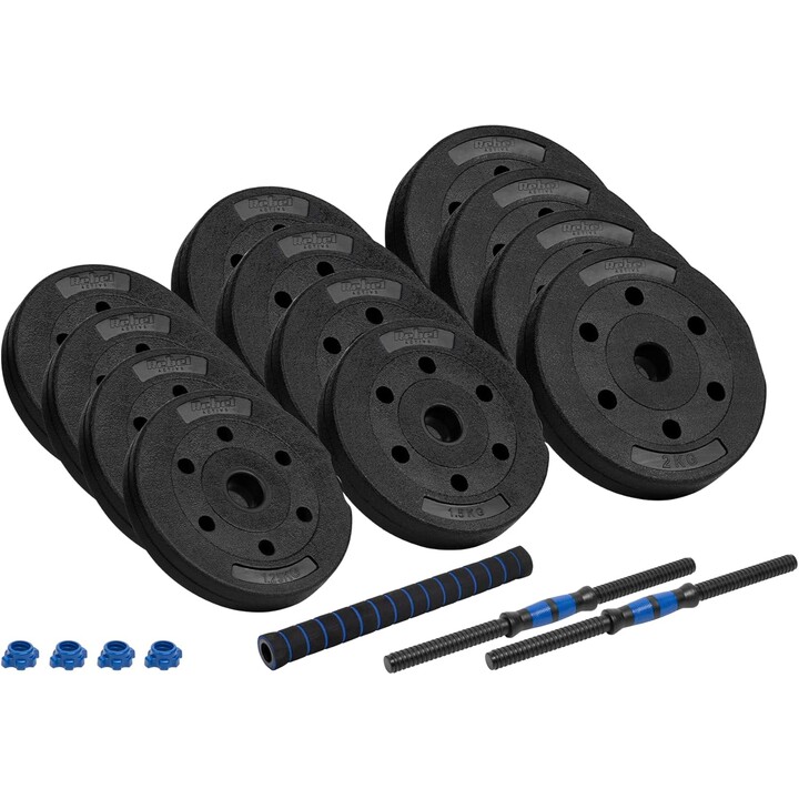 Rebel Active RBA-2300 Mancuernas de hierro fundido con barra de conexión, 2x10 kg, Negro/Azul