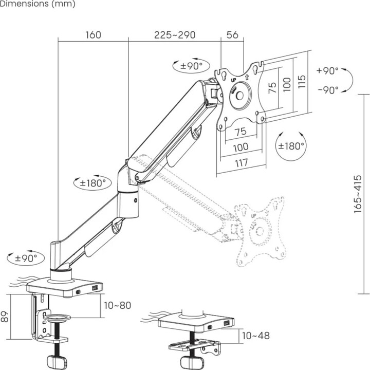 Gembird MA-DA1U-01 Supporto per monitor 81,3 cm (32") Desktop Nero