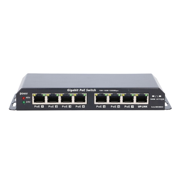 Extralink Kratos PoE-Switch, 7x Gigabit PoE, 1x Uplink RJ45, Netzteil 24 V 2,5 A, Leistung 60 W