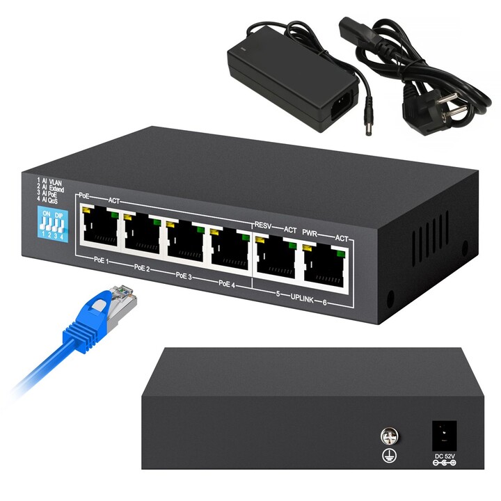 Extralink Krios PoE-Switch, 4x Gigabit PoE/PoE+, 2x RJ45 Uplink Gigabit, 60 W
