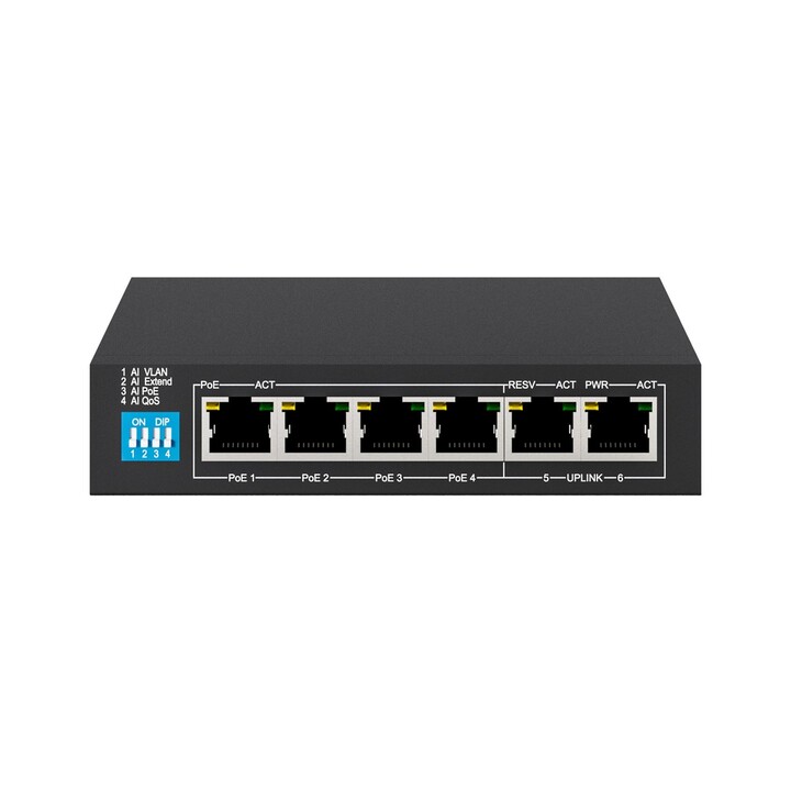 Extralink Krios PoE-Switch, 4x Gigabit PoE/PoE+, 2x RJ45 Uplink Gigabit, 60 W