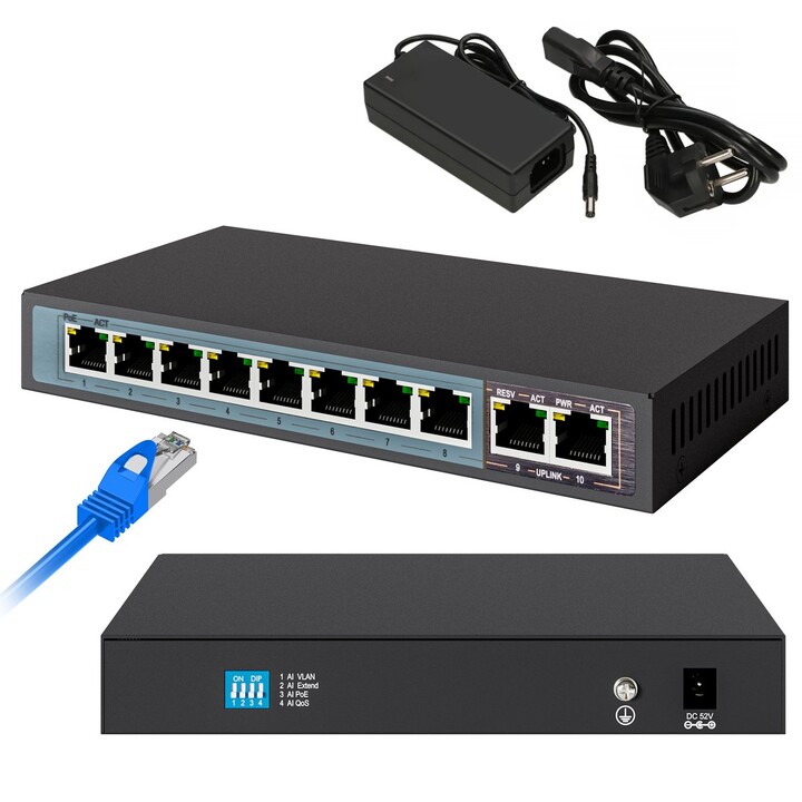Extralink Perses PoE-Switch, 8x Gigabit PoE/PoE+, 2x Uplink RJ45 Gigabit, 96 W