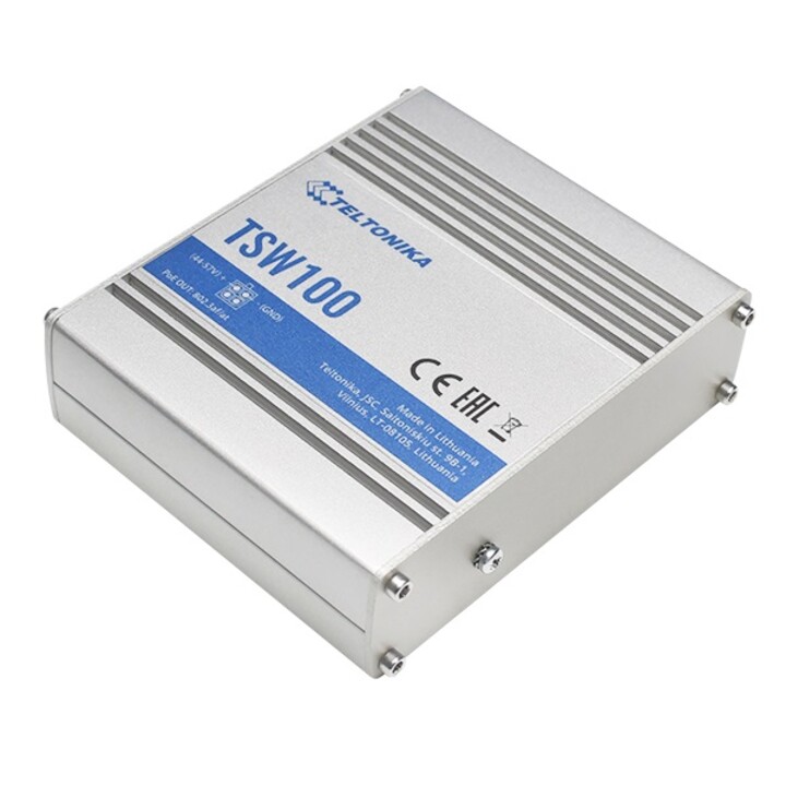 Switch PoE Teltonika Tsw100, 5 porte RJ45 1000 Mbps, 4 porte PoE, 60 W.