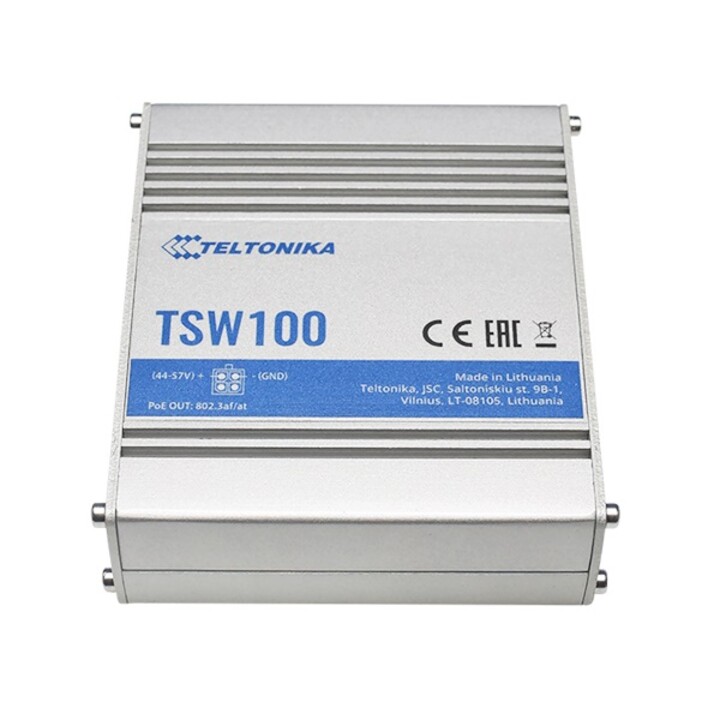 Switch PoE Teltonika Tsw100, 5 porte RJ45 1000 Mbps, 4 porte PoE, 60 W.