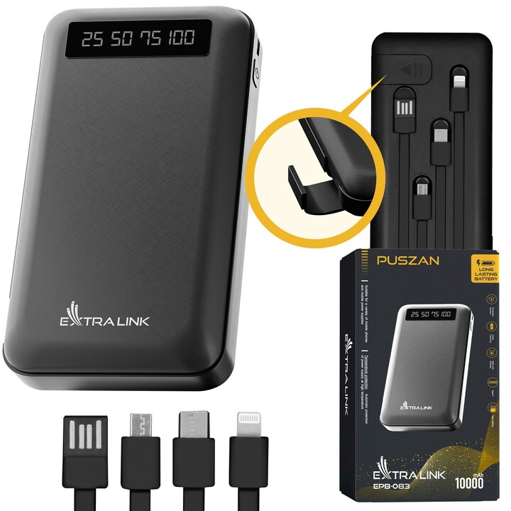 Extralink EPB-083 Powerbank 10000 mAh Schwarz, Tragbares Ladegerät, USB-C