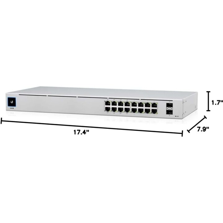 Switch Ubiquiti UniFi USW-16-POE 16xGbE RJ45 (8xPoE+) + 2x1G SFP 42W Layer 2 Managed Rack 1U fanless