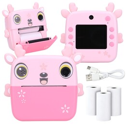 Impressora térmica rosa Epp-005 + conjunto de 3 rolos de papel térmico Extralink, estampa de cervo