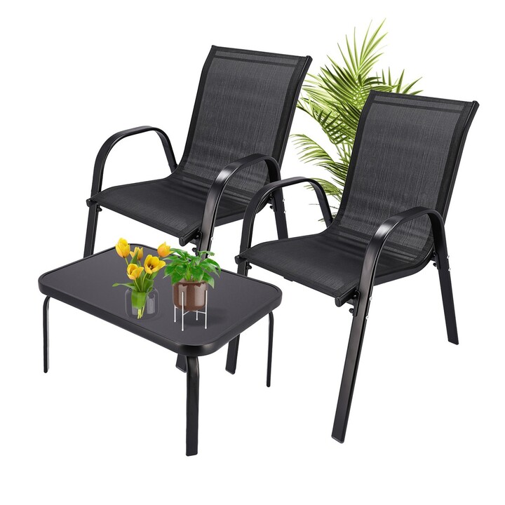 Black Forest Classic Garden Furniture Set, Textilene Two Chairs + Black Table