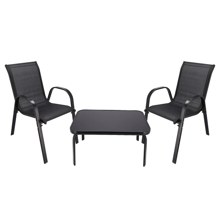 Black Forest Classic Garden Furniture Set, Textilene Two Chairs + Black Table