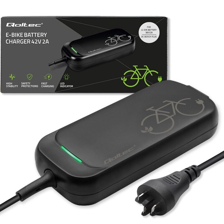 Qoltec Szybka Ładowarka Pro do roweru Bosch 36V | 42V| 2A| Spina Bosch | wodoodporna +kabel zasilający