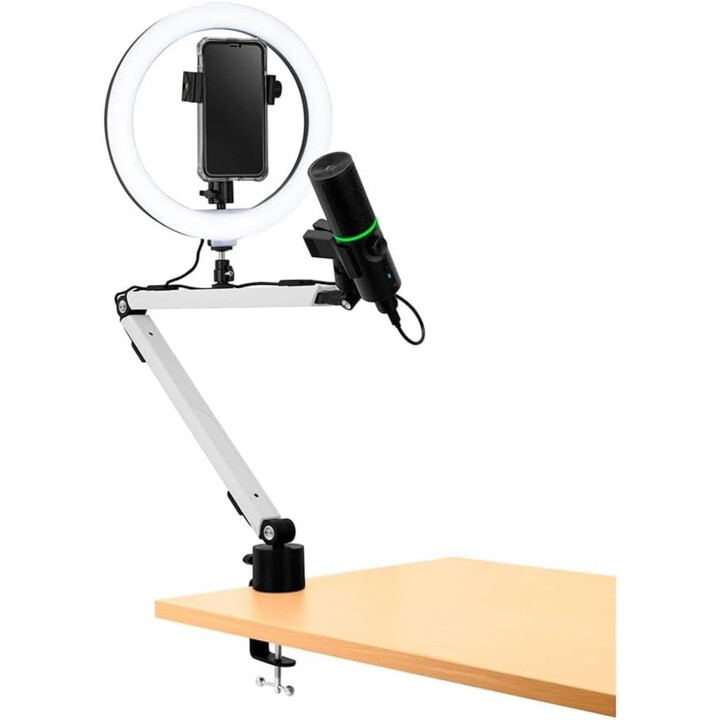 Supporto per microfono bianco moderno Streamplify, compatibile universalmente con rotazione di 360° e regolazione dell'angolo di