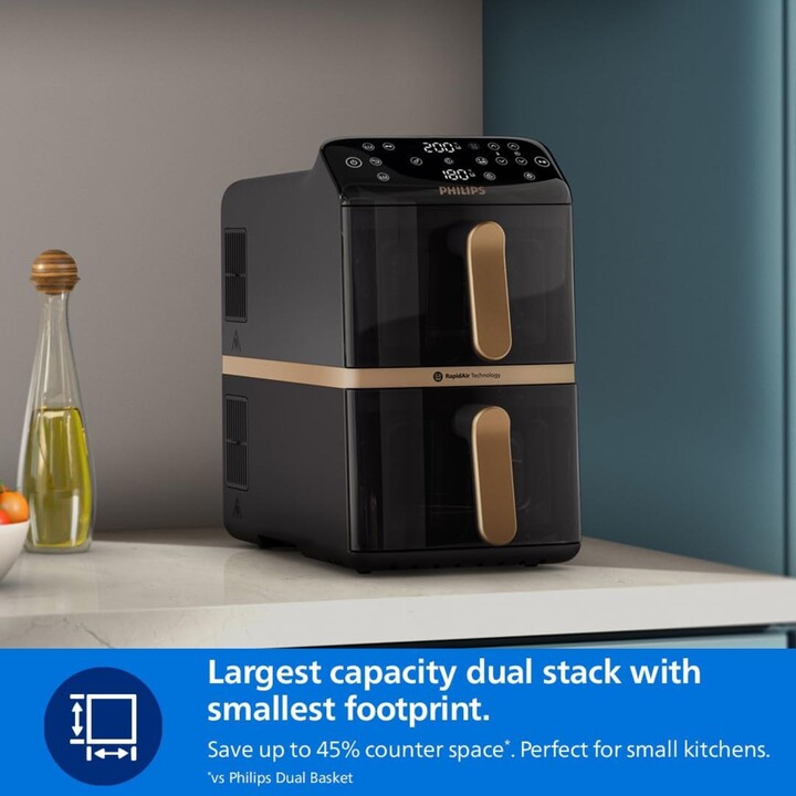 Freidora de aire Philips Serie 4000 con doble cesta apilable: capacidad de 10 L, 2 cestas de 5 L