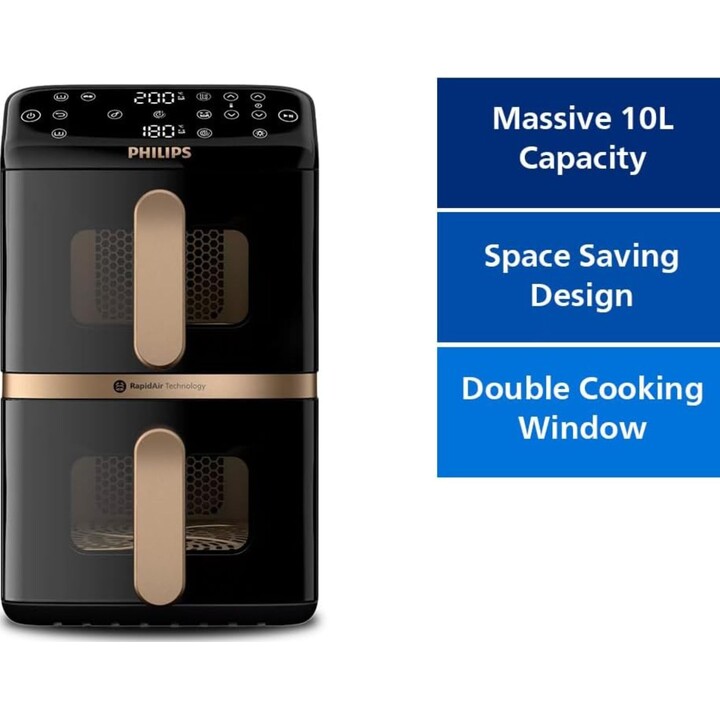 Philips 4000 Series Air Fryer with Double Stackable Basket: 10L Capacity, 2 x 5L Baskets