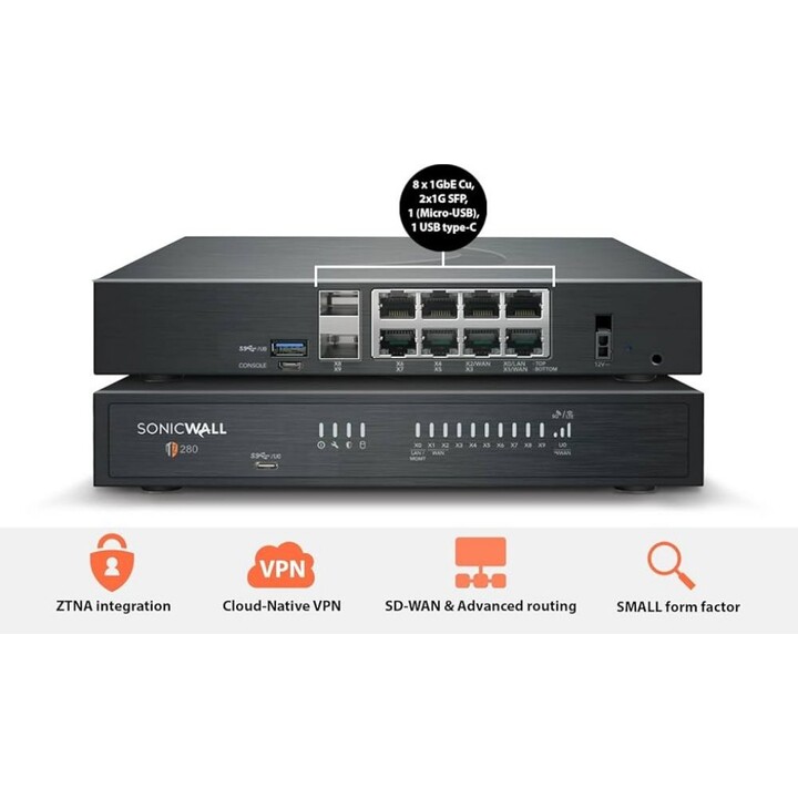 SonicWall TZ280 TotalSecure Advanced Edition 03-SSC-6919 1Yr APSS Firewall 2,5Gbps 8x1GbE