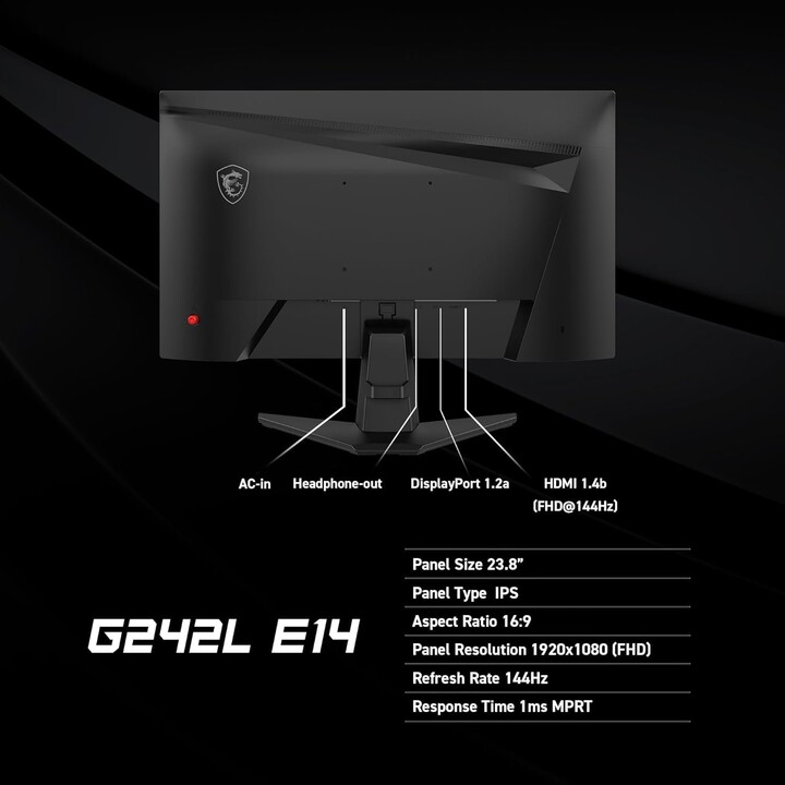 Monitor LCD|MSI|G242L E14|23,8"|Jogos|Inclinação|Matte|Panel IPS|1920x1080|16:9|Preto|G242LE14