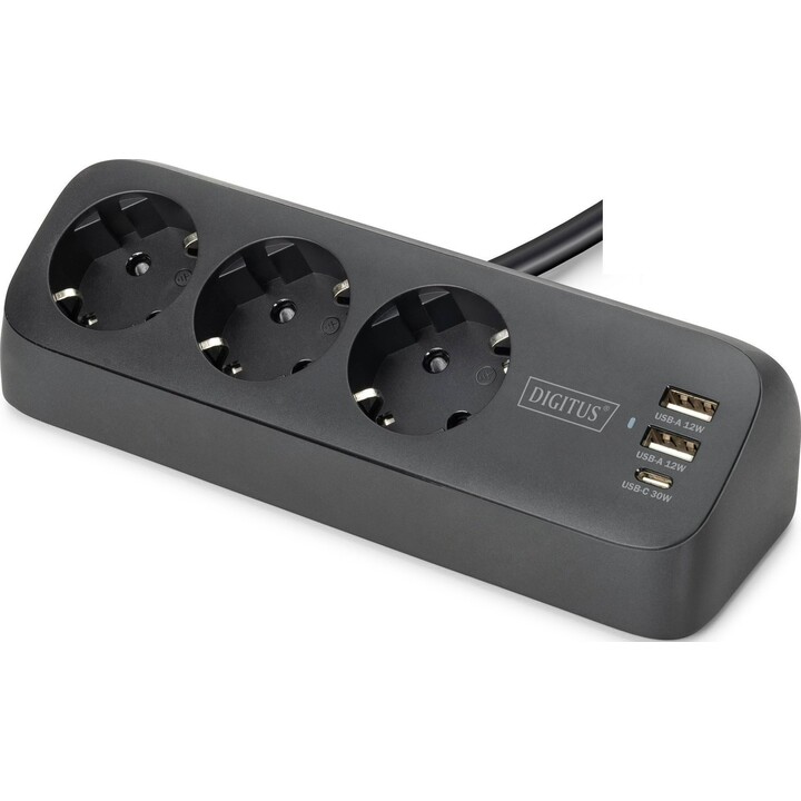Faixa de tomadas de 3 vias para escritório - 2x USB-A + 1x USB-C - 3680W + 12W + 30W - 1,5m - Preto
