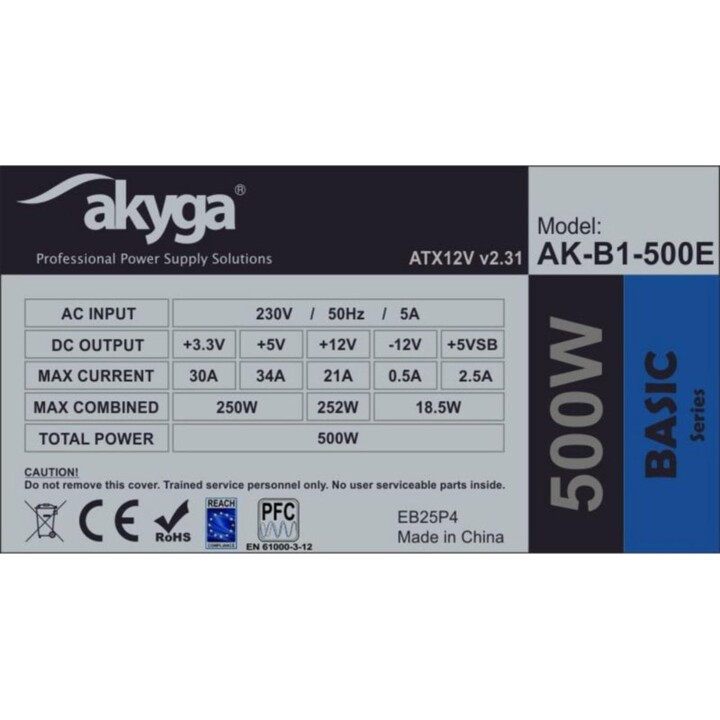 Akyga 500W ATX-Netzteil AK-B1-500E Passive nicht modulare Verkabelung