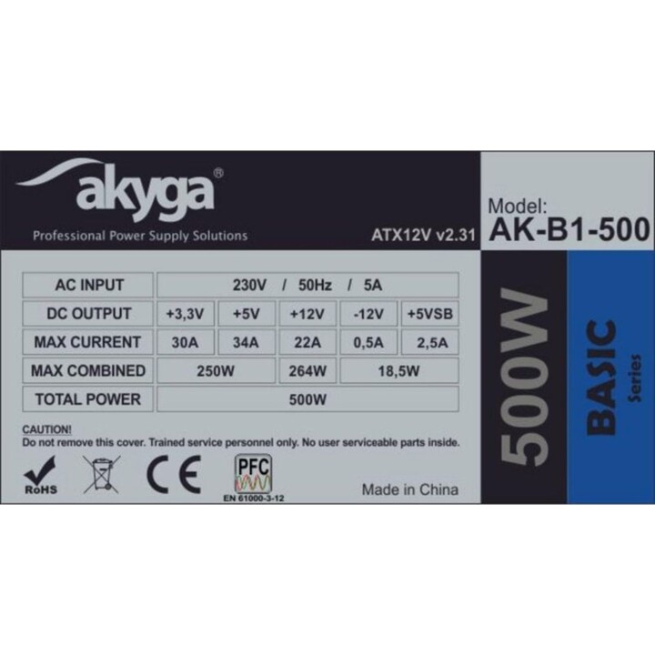 Akyga 500W Power Supply 70 Plus Efficiency AK-B1-500 ATX 12cm Fan