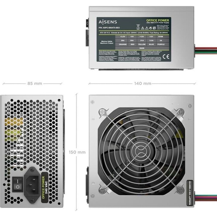 Fuente Alimentación Aisens ASPC-500ATX-SEO 500W ATX 2.0 Protecciones OCP/OVP/UVP/SC/OPP/OTP