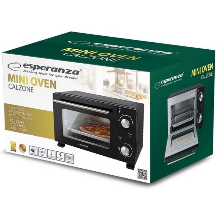 Esperanza EKO007N, mini-forno elettrico da 10L 800W con timer e griglia di cottura inclusa, nero