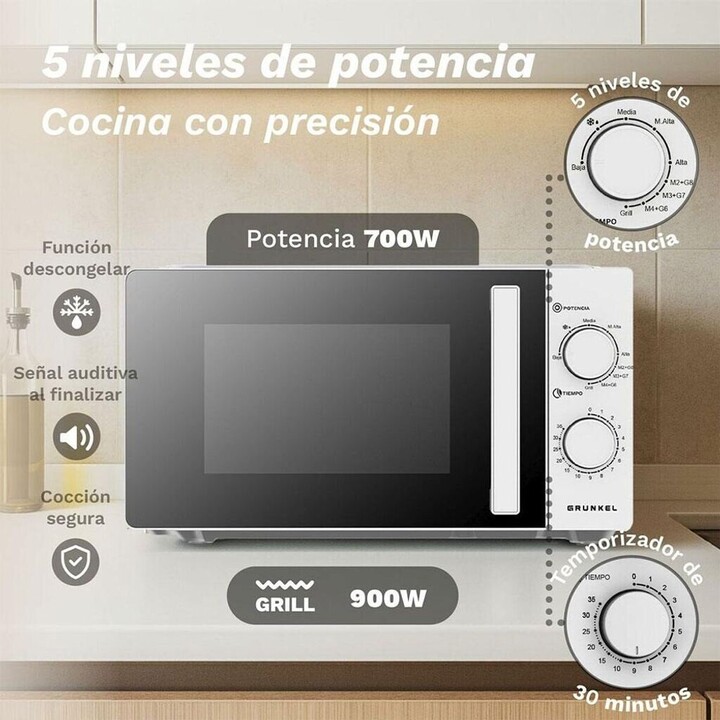 Grunkel MWG-20GRILL, micro-ondes 20L 700W avec grill intégré 1000W et fonction décongélation, blanc