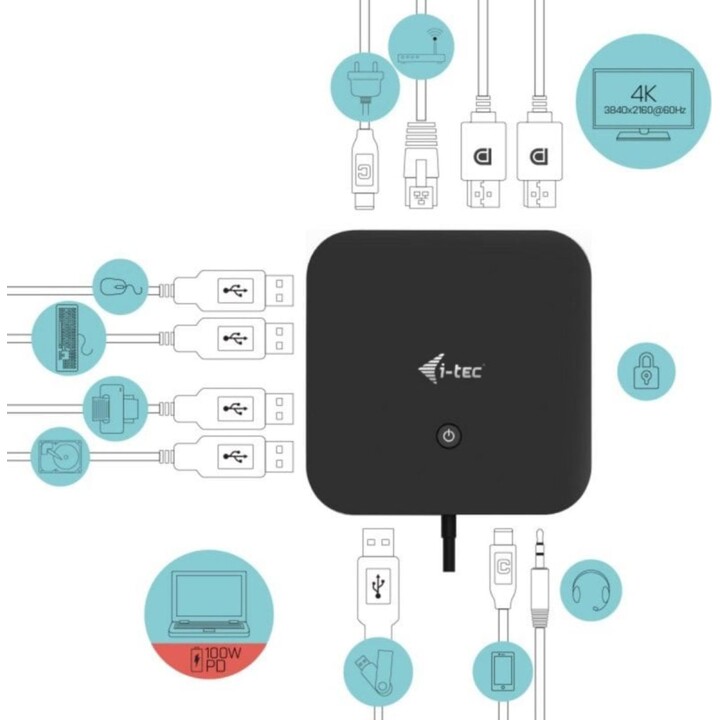 Estación Docking USB-C i-tec C31DUALDPDOCKPD 2xDisplayPort Power Delivery 100W Negro