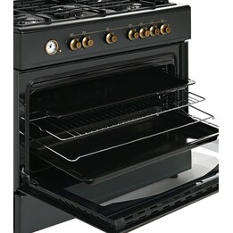 Ravanson Retro KWGE-90AR, fogão misto de 90 cm com 5 queimadores a gás e forno elétrico de grande capacidade, preto