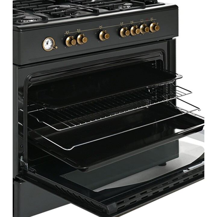 Ravanson Retro KWGE-90AR, cuisinière mixte de 90 cm avec 5 brûleurs à gaz et four électrique de grande capacité, Noir