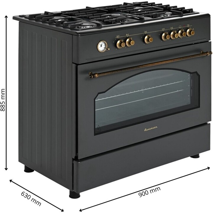 Ravanson Retro KWGE-90AR, cuisinière mixte de 90 cm avec 5 brûleurs à gaz et four électrique de grande capacité, Noir