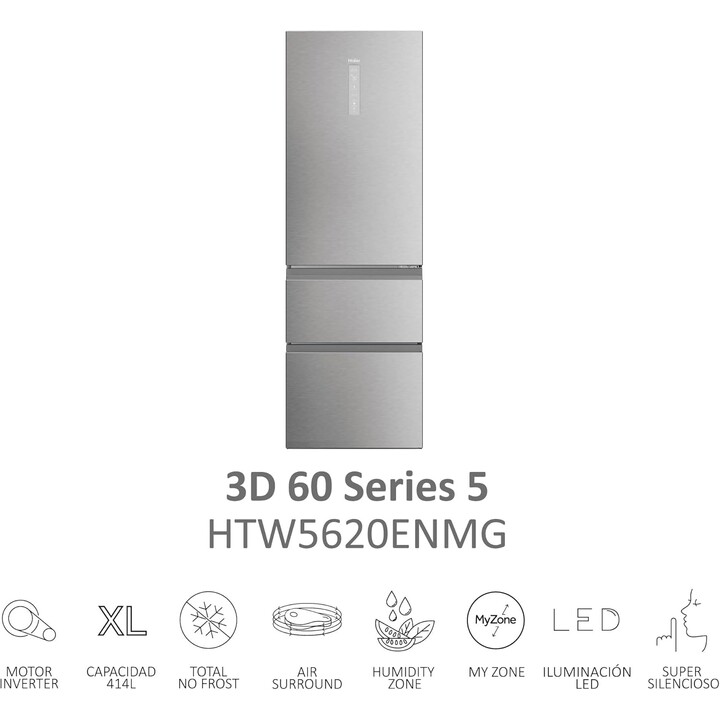 Haier 3D 60 Series 5 HTW5620DNMG, frigorifero 414L classe D con NoFrost e cassetti MyZone, argento