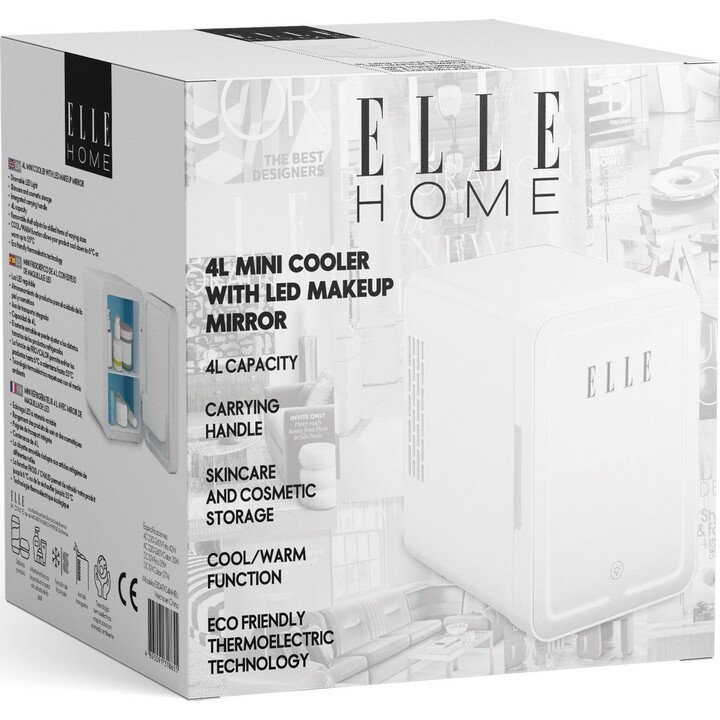 ELLE, 4L portable mini refrigerator with front LED mirror for makeup and cream preservation, White