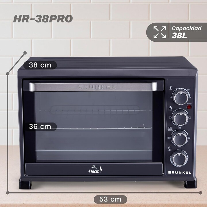 Grunkel HR-38PRO, Horno de sobremesa de 38L y 2000W con función de horneado y diseño compacto, Negro