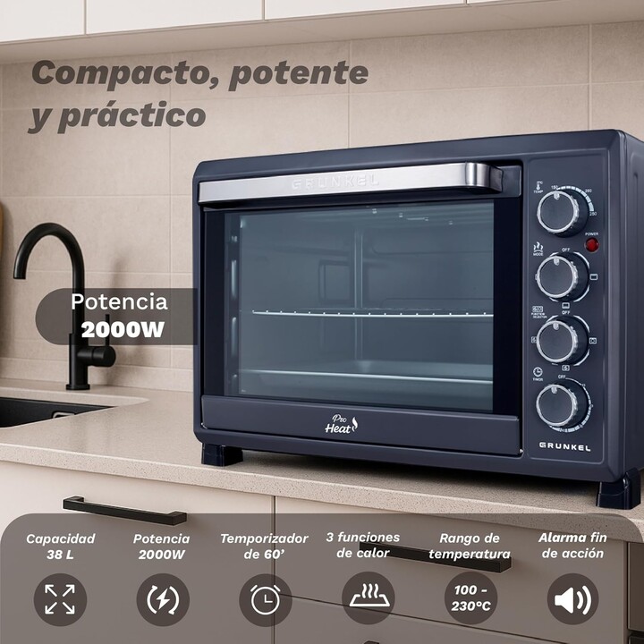 Grunkel HR-38PRO, Horno de sobremesa de 38L y 2000W con función de horneado y diseño compacto, Negro