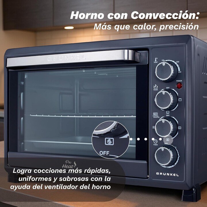 Grunkel HR-38PRO, Horno de sobremesa de 38L y 2000W con función de horneado y diseño compacto, Negro