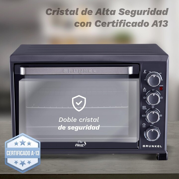 Grunkel HR-38PRO, Horno de sobremesa de 38L y 2000W con función de horneado y diseño compacto, Negro