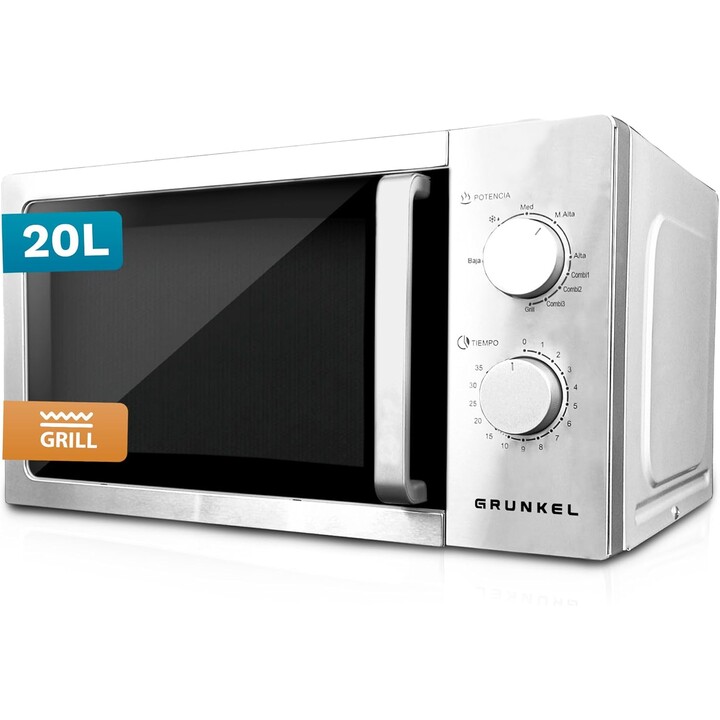 Grunkel MW-20INOX, 20L 700W microwave with grill function and high-quality metallic finish, Silver