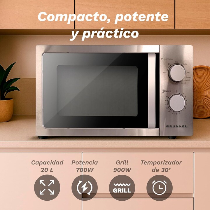 Grunkel MW-20INOX, micro-ondas 20L 700W com função grill e acabamento metálico de alta qualidade, Prata