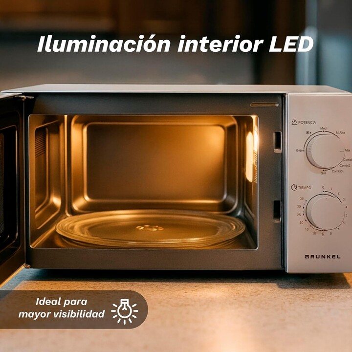 Grunkel MW-20INOX, 20L 700W Mikrowelle mit Grillfunktion und hochwertiger Metallic-Oberfläche, Silber